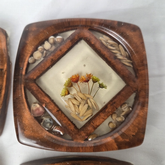 Vintage Resin & Wood Coaster Set | Botanical Inlay | Mid-Century Boho (Set of 4) - Picture 12 of 16